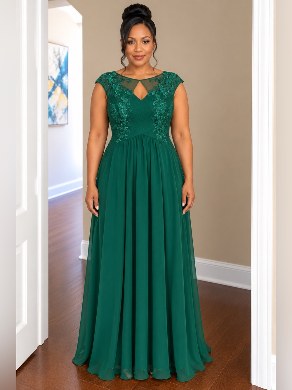 Elegant Emerald Lace Bodice Maxi Dress